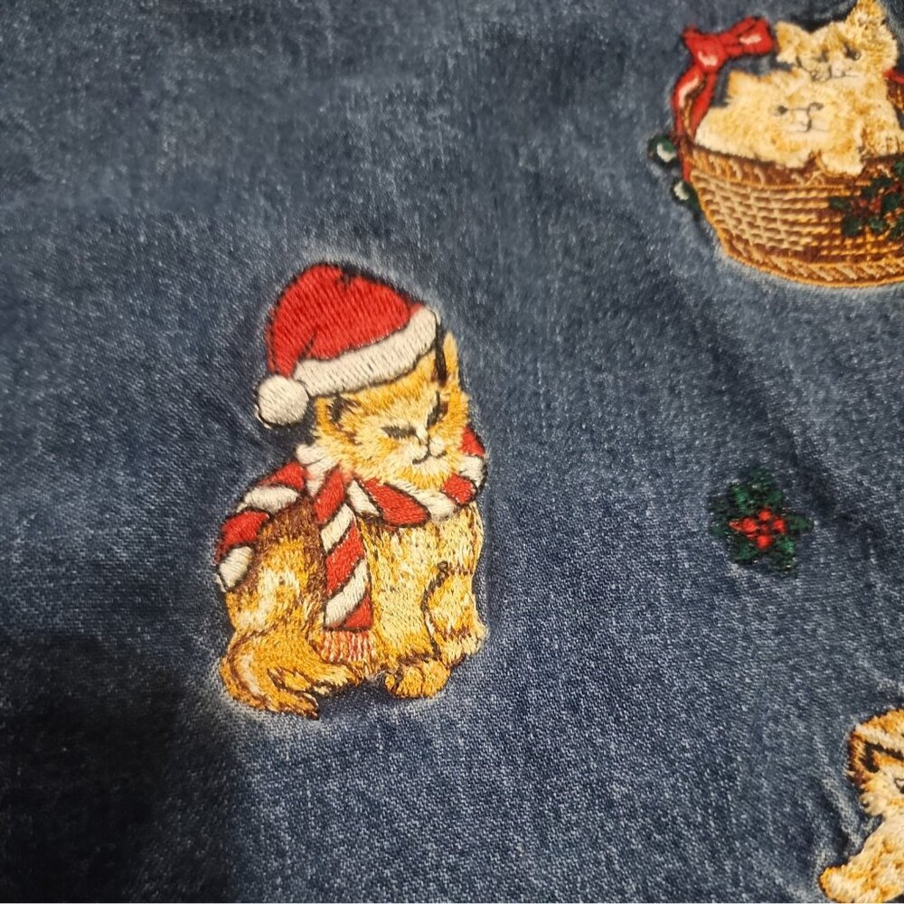 Vintage 90’s Solution Christmas Cat Embroidered Denim Shirt Womens med festive - Picture 9 of 13